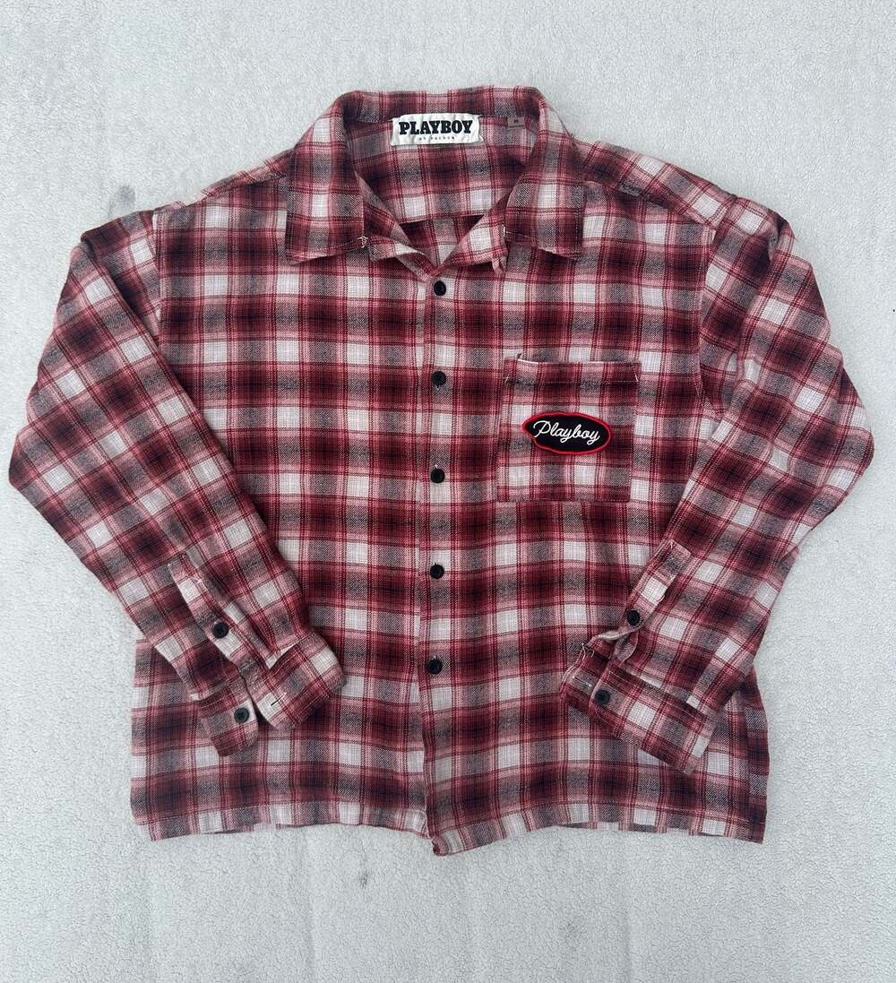 Playboy by PacSun Red and White Plaid Flannel Shirt with Back Embroidery